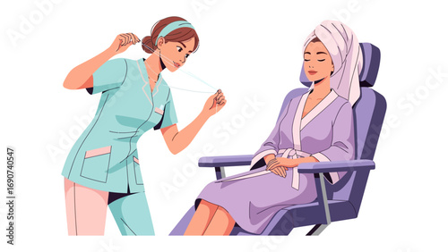 Woman in bathrobe and towel receiving professional eyebrow threading treatment from a beauty technician in a salon