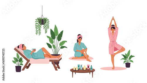 Serene spa and wellness scene with people relaxing and practicing yoga amidst lush green plants and tranquil spa treatments