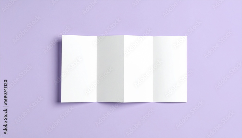 Fototapeta premium Empty White Tri-Fold Brochure Mockup Template on Light Purple Background, Top View
