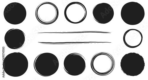 A collection of hand-drawn black grunge circles, brush strokes, and round frames isolated on a white background.