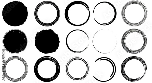 A collection of fifteen hand-drawn black circular brush strokes and shapes on a white background, showing various textures and styles.