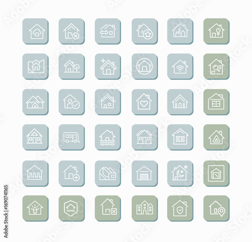 collection house-themed icons real estate property home-related services presented minimalist outlined style muted color palette