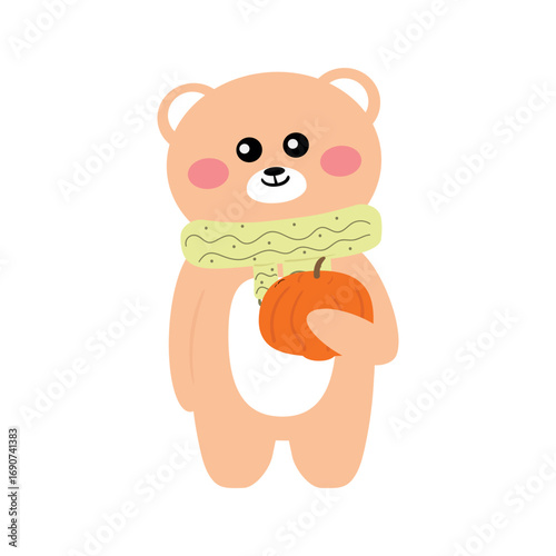 Cute drawing cartoon bear with pumpkin. cute animal drawing, doodle, sticker for autumn vibes