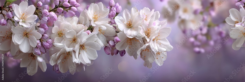 Fototapeta premium Delicate cherry blossoms in white and pink hues symbolize spring renewal and beauty, ideal for seasonal promotions, wellness, and nature-inspired designs