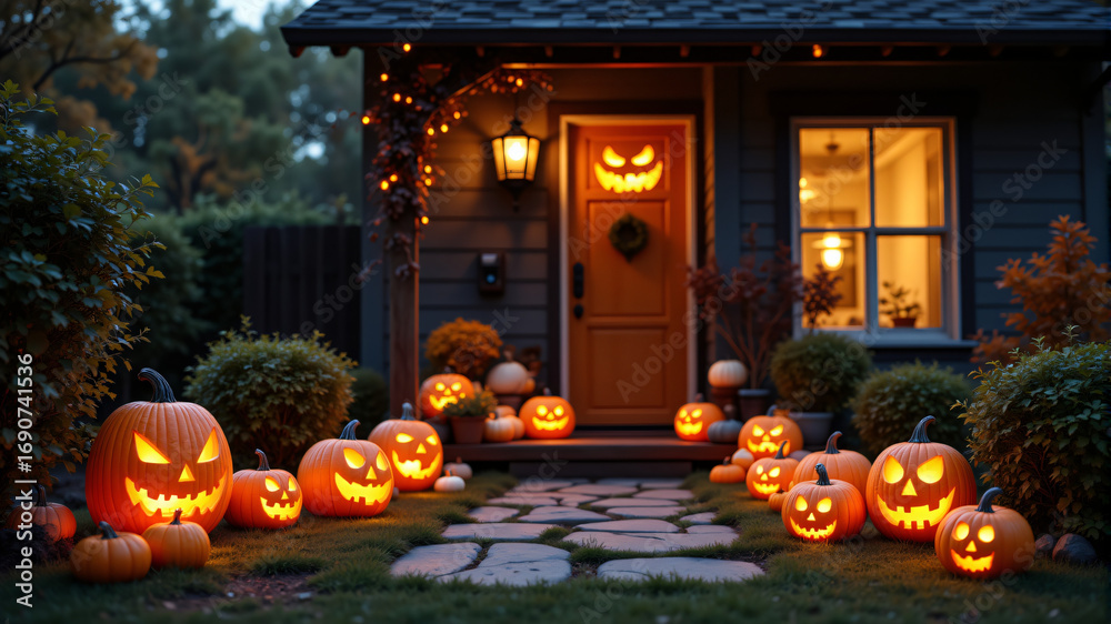 Obraz premium Spooky Halloween Pumpkins Illuminate Cozy Home Exterior