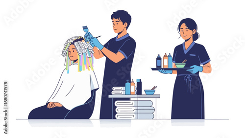 Professional hairstylists meticulously applying hair treatment to a client with rollers in her hair in a modern salon setting
