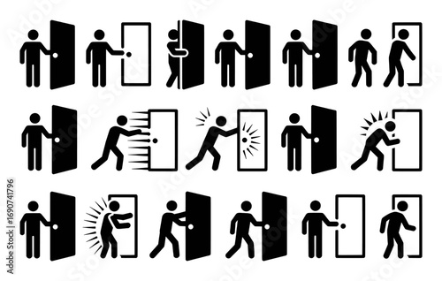 Stick Figure Icons of People Opening and Closing Doors