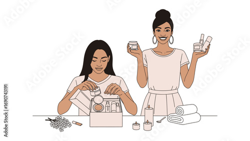 Two diverse women excitedly unboxing and holding skincare products and beauty items celebrating self care and personal grooming