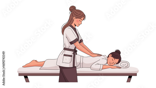 Skilled masseuse provides therapeutic back massage to a relaxed woman lying on a massage table in a spa setting