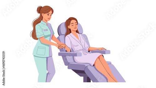 Friendly nurse in uniform assisting a smiling patient seated in a comfortable medical examination chair