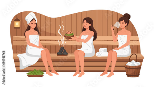 Three relaxed women in white towels enjoying a steamy sauna session together promoting wellness and friendship