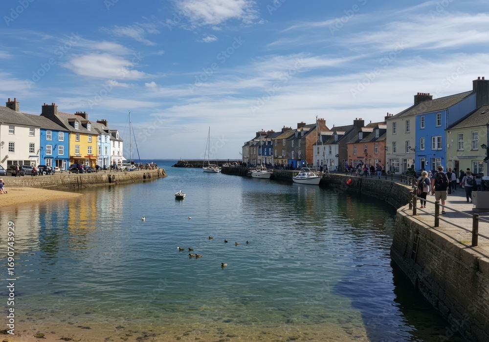 Fototapeta premium Harbor town reflects on water during sunny day
