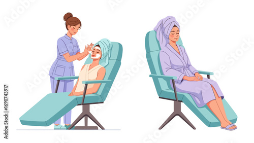 Two illustrations of a dental hygienist examining a patient and a relaxed patient sitting in a dental chair