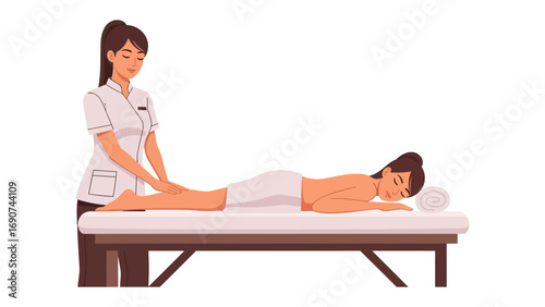 Professional massage therapist giving a relaxing leg massage to a woman lying on a massage table in a spa
