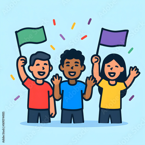 Joyful illustration of a diverse group of children waving flags, celebrating unity and friendship with confetti