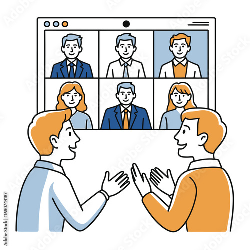 Virtual meeting with colleagues business team having video conference call to discuss project and share ideas remotely