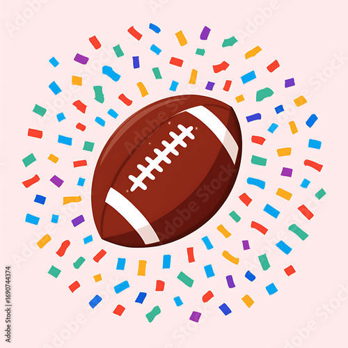 Festive American football illustration with colorful confetti celebrating a big game win or sports party