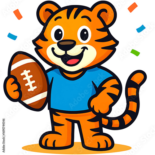 Adorable cartoon tiger mascot celebrating a football game victory with a triumphant smile and confetti