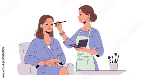 Professional makeup artist applying eyeshadow to a client sitting in a chair showcasing beauty and cosmetic application