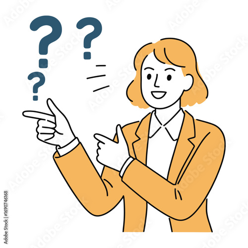 A woman is pointing with question marks, she is confused and unsure, seeking answers and clarification