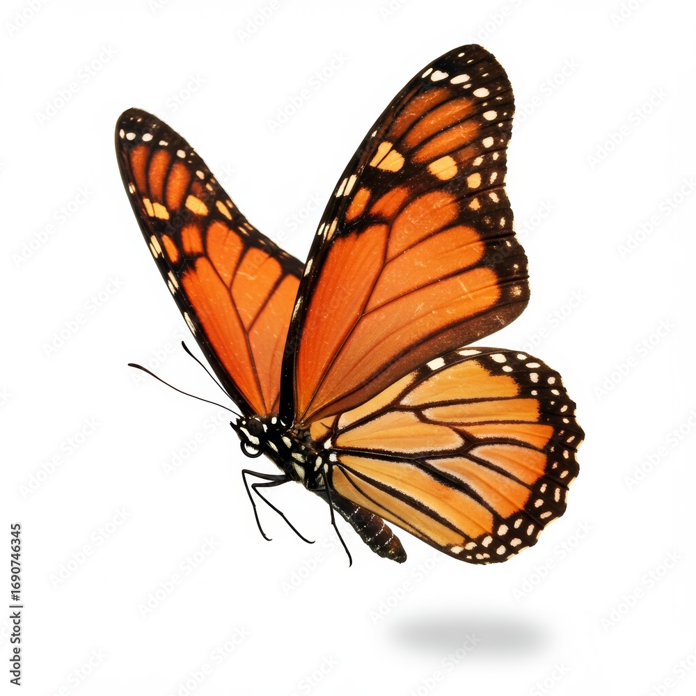 Fototapeta premium Monarch butterfly flies gracefully in isolation