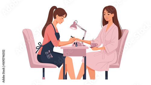 Professional nail technician carefully applying polish to client s fingernails at a salon table with lamp