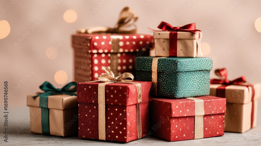 Obraz premium Colorful Gift Boxes with Bows on Soft Background for Holiday Season