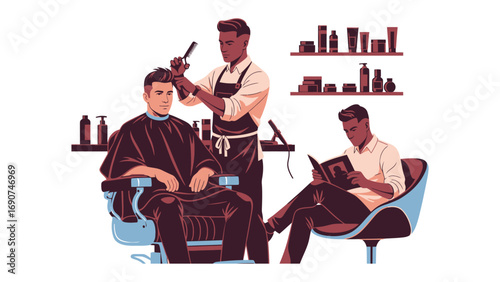 A skilled barber meticulously styles a client s hair with scissors and comb in a vintage barbershop setting with shelves of grooming products