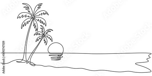 Sunset and cloud continuous one line drawing of minimalist outline vector design, sunset,sunrise, beach, palm tree in single line draw illustration. Editable stroke, landscape with sun and beach in on