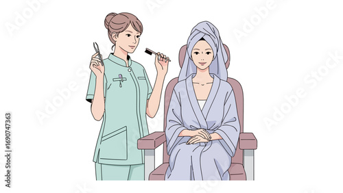 Artist applying makeup to a woman sitting in a chair wearing a robe and towel on her head