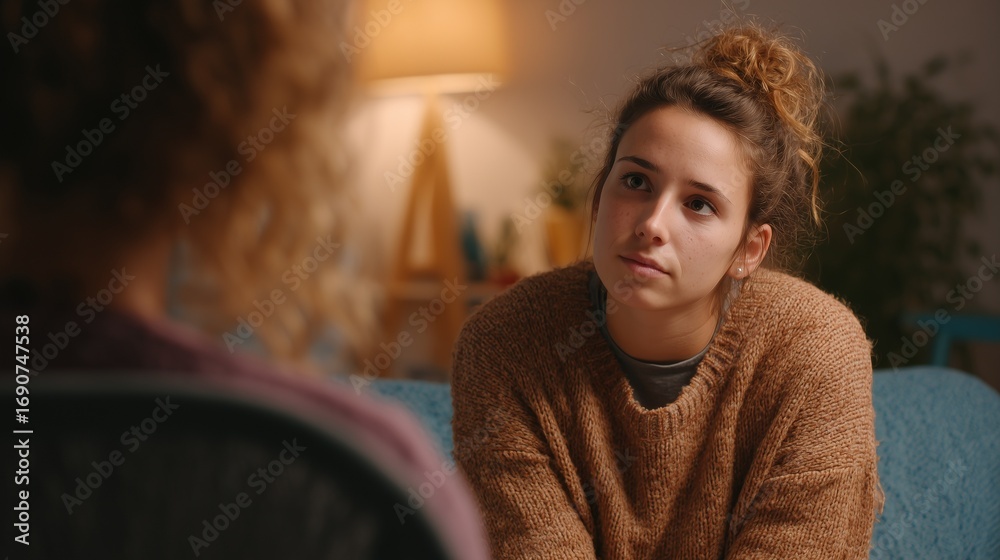 Fototapeta premium Therapist talking with young woman in cozy office, mental health concept