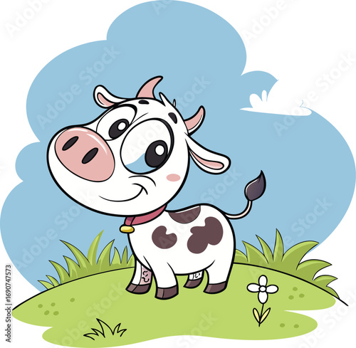 Happy Cartoon Calf on a Hill Vector
