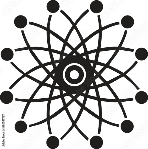 Black abstract circular atom model with orbiting electrons science technology with Vector Design