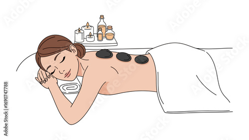 Relaxed woman receiving a hot stone massage therapy treatment with smooth dark stones placed on her back for therapeutic benefits and wellness