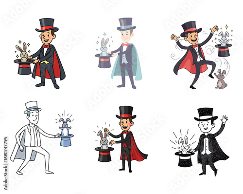 cartoon magician character, rabbit trick, top hat, magic show, stage performance, illusion act, vector set, entertainment design