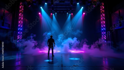 A person standing in front of smoke effects on a stage with vibrant lights, likely capturing a moment from a concert or performance.