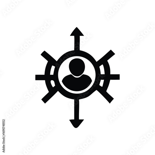 Black silhouette icon of a person in a circle with radiating arrows user profile with Vector Design