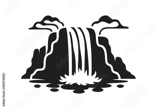 Black silhouette of a cascading waterfall with rocks and mist Keywords: with Vector Design