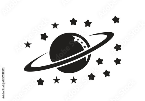 Black silhouette of a planet with rings and surrounding stars space galaxy with Vector Design
