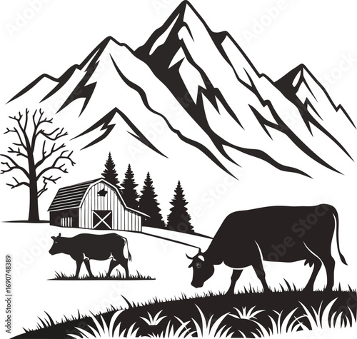 Mountain Ranch and Barn Silhouette with Grazing Cows Vector