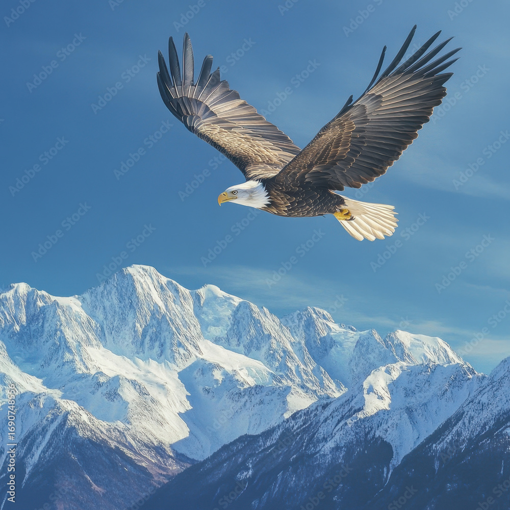 Fototapeta premium Majestic Eagle in Flight Above Snowy Mountains: A breathtaking depiction of an eagle soaring effortlessly against a backdrop of majestic, snow-capped mountains and a clear, blue sky.