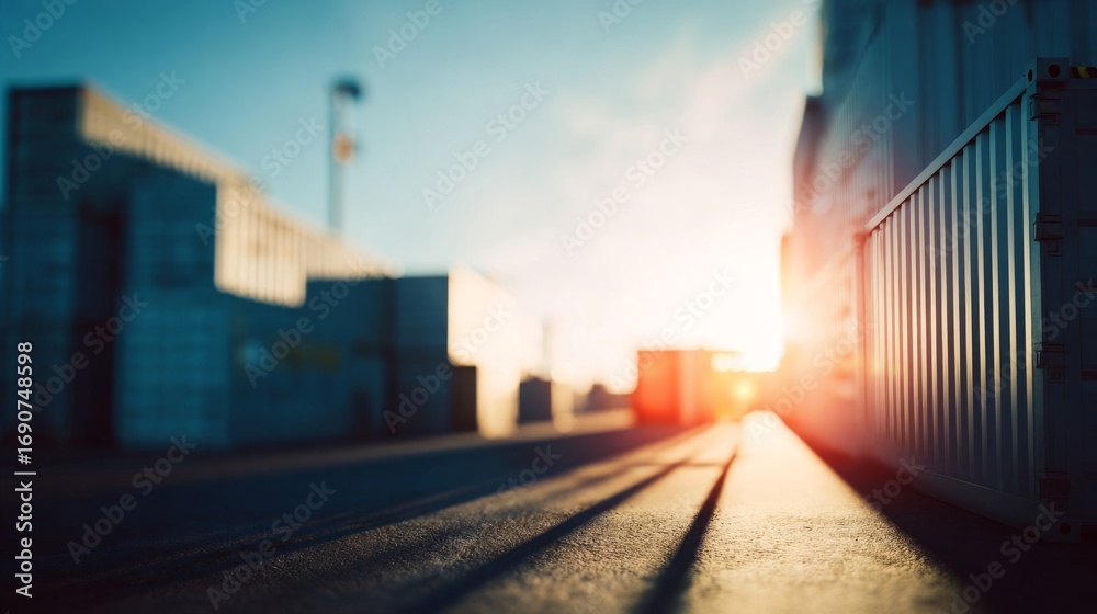 Fototapeta premium Sunrise or sunset at a logistics hub with aligned shipping containers, tire tracks on the ground,
