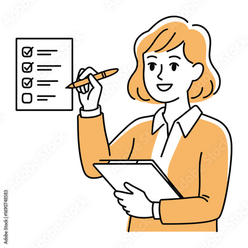 A woman is holding a clipboard and checking off items on a list, she is smiling and looking at the list with a pen in her hand