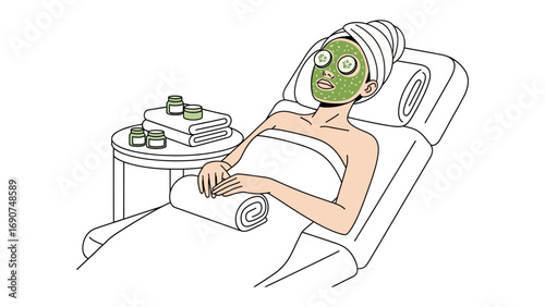 Relaxing woman with green face mask and cucumber slices on eyes lying in spa chair wrapped in towels with beauty products nearby