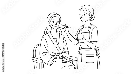 Professional makeup artist applying blush to a young woman s cheeks in a salon setting with a clean white background