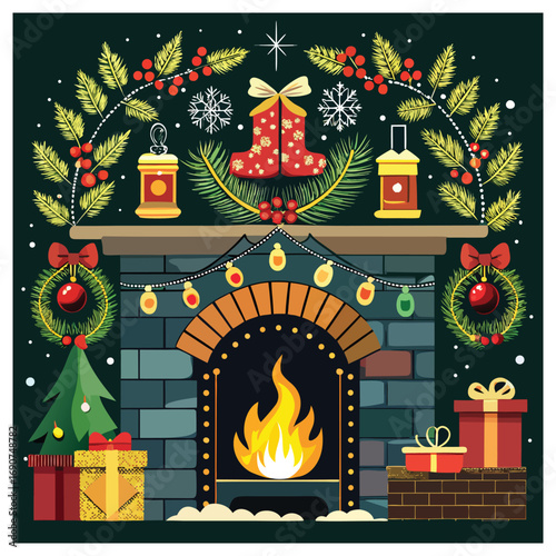 Cozy Christmas Fireplace Scene with Gifts and Tree hearth burning with Vector Design