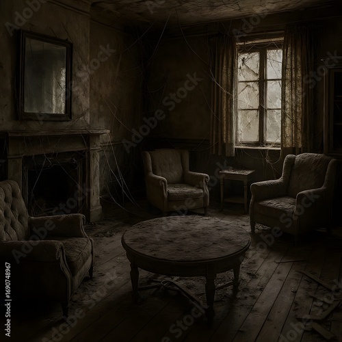 Abandoned house interior with dusty furniture and cobwebs.