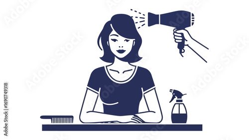 Stylist drying a woman s short brown hair with a hairdryer and spray bottle nearby in a clean salon setting illustration