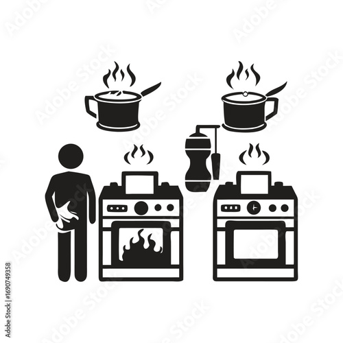 Silhouettes of cooking stoves, pots, and a person with oven mitts kitchen with Vector Design