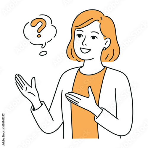 Businesswoman with a question mark in a thought bubble, she is wearing a jacket and gesturing, seeking answers and solutions